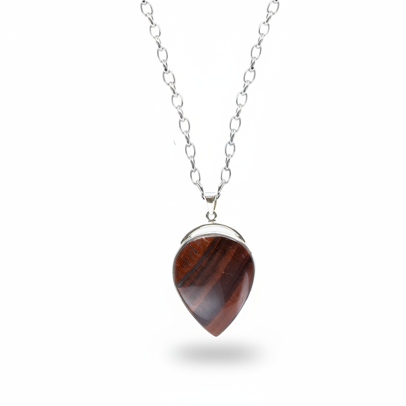 Red tiger eye teardrop cabochon pendant with chatoyant bands in sterling silver