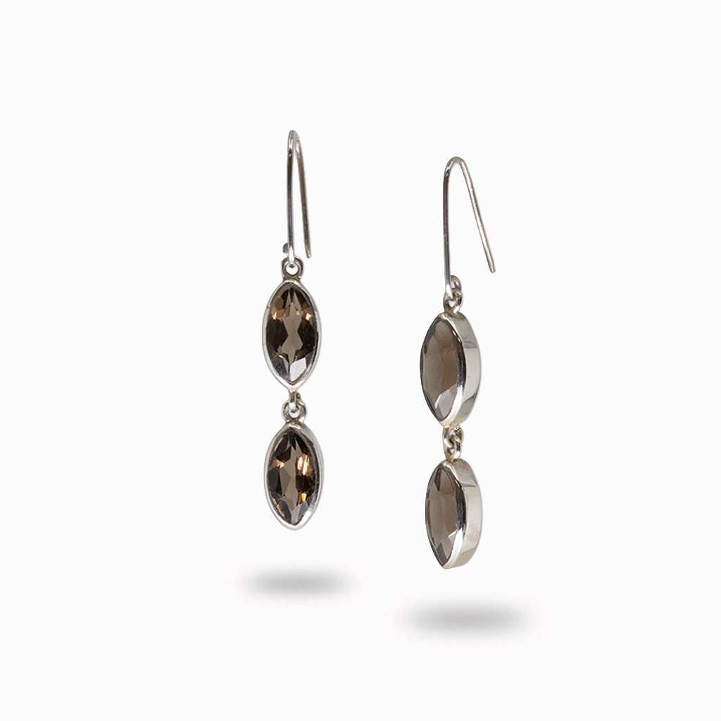 FACETED SMOKEY QUARTZ MARQUISE SHAPED DOUBLE DROP EARRINGS