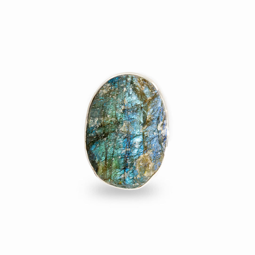 Oval Labradorite gemstone with vivid blue and green flashes framed in polished sterling silver.