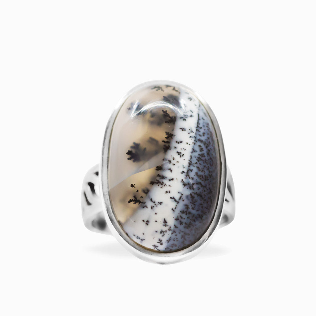Oval Dendritic Opal cabochon with black branch-like inclusions set in polished 925 sterling silver.