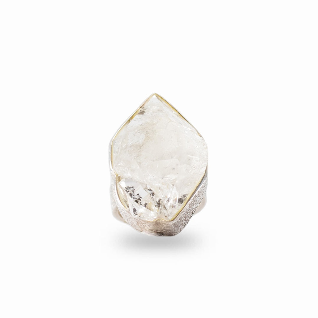 Raw clear Herkimer Diamond quartz crystal set into a textured sterling silver statement ring.
