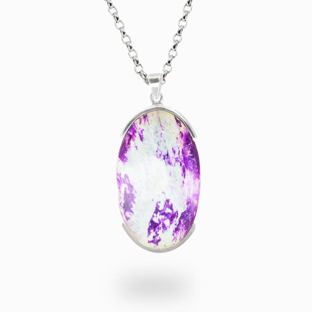 Oval Kammererite pendant necklace in sterling silver featuring natural purple and white marbled gemstone.