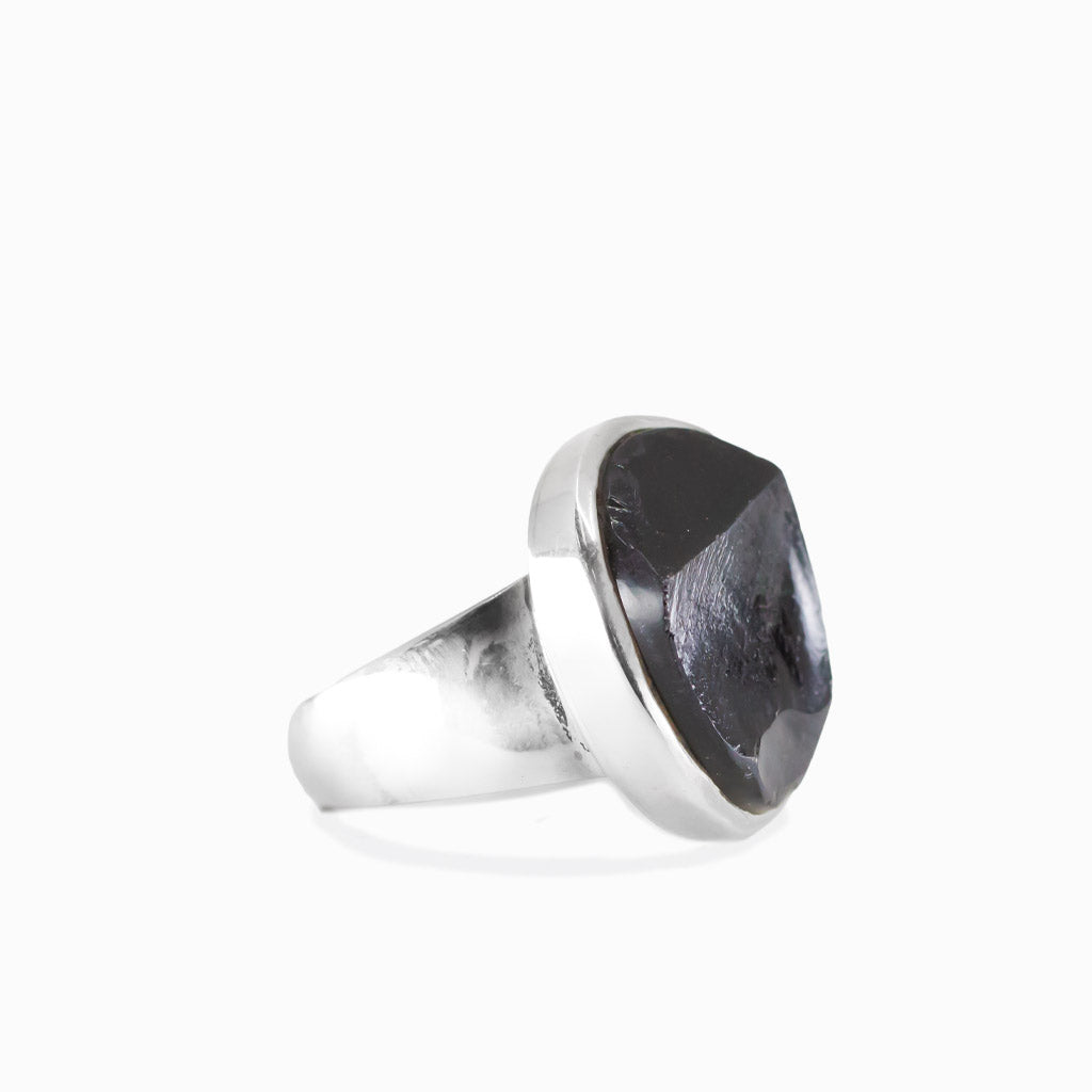 Raw oval apache obsidian ring in sterling silver