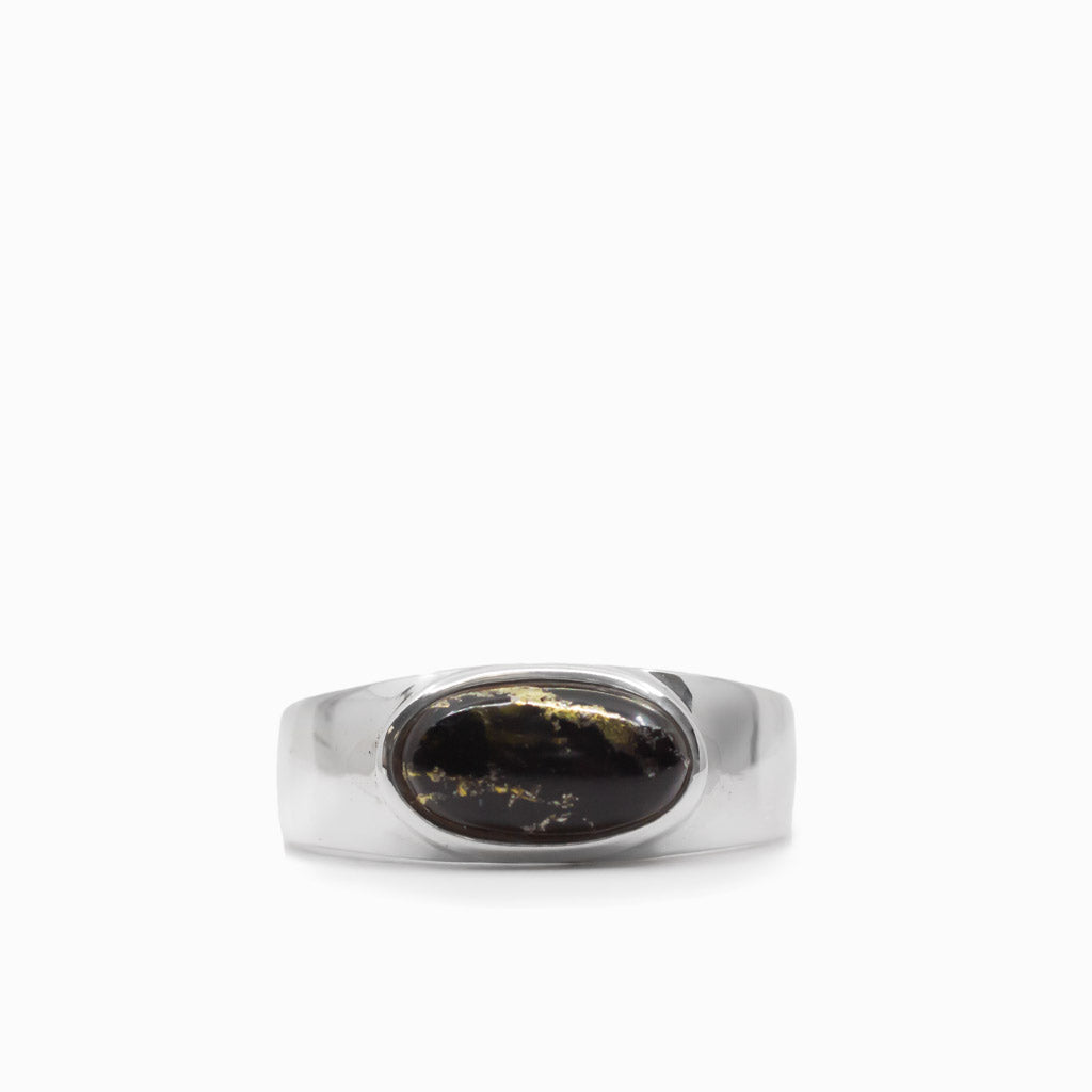 Oval Apache Gold cabochon ring in polished 925 sterling silver, showcasing natural black and gold tones with grounding and protective symbolism.