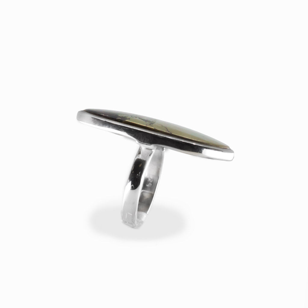 Apache Gold oval cabochon ring in polished sterling silver featuring contrasting black and naturally metallic golden mineral tones.