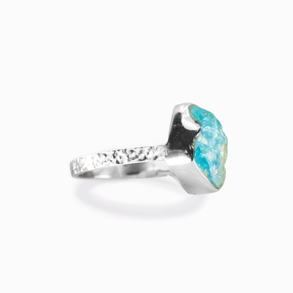 Raw apatite ring in sterling silver. Natural blue green crystal ring with organic texture.