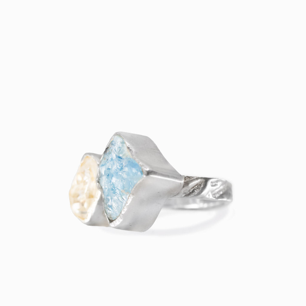 Herkimer diamond and aquamarine ring in sterling silver