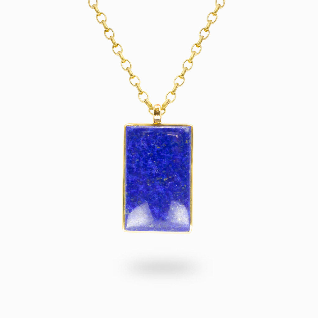 Rectangle Lapis Lazuli pendant with polished 14K gold vermeil bezel over sterling silver.