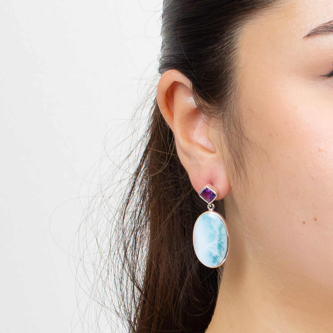 LARIMAR OVAL AND AMETHYST FACETED STUD DROP STERLING SILVER | MADE IN EARTH