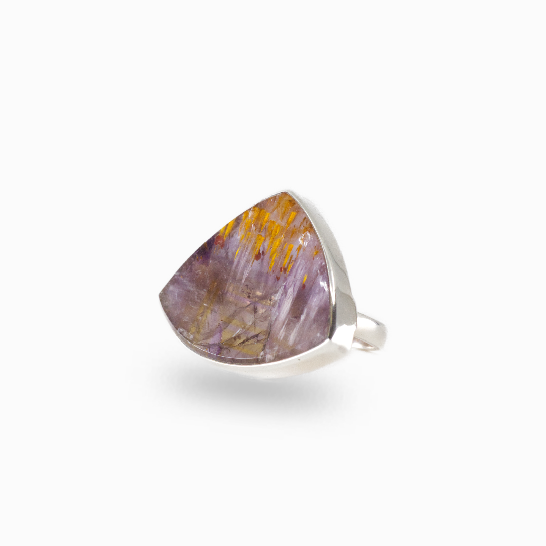 Cacoxenite in Amethyst ring with golden inclusions set in sterling silver band
