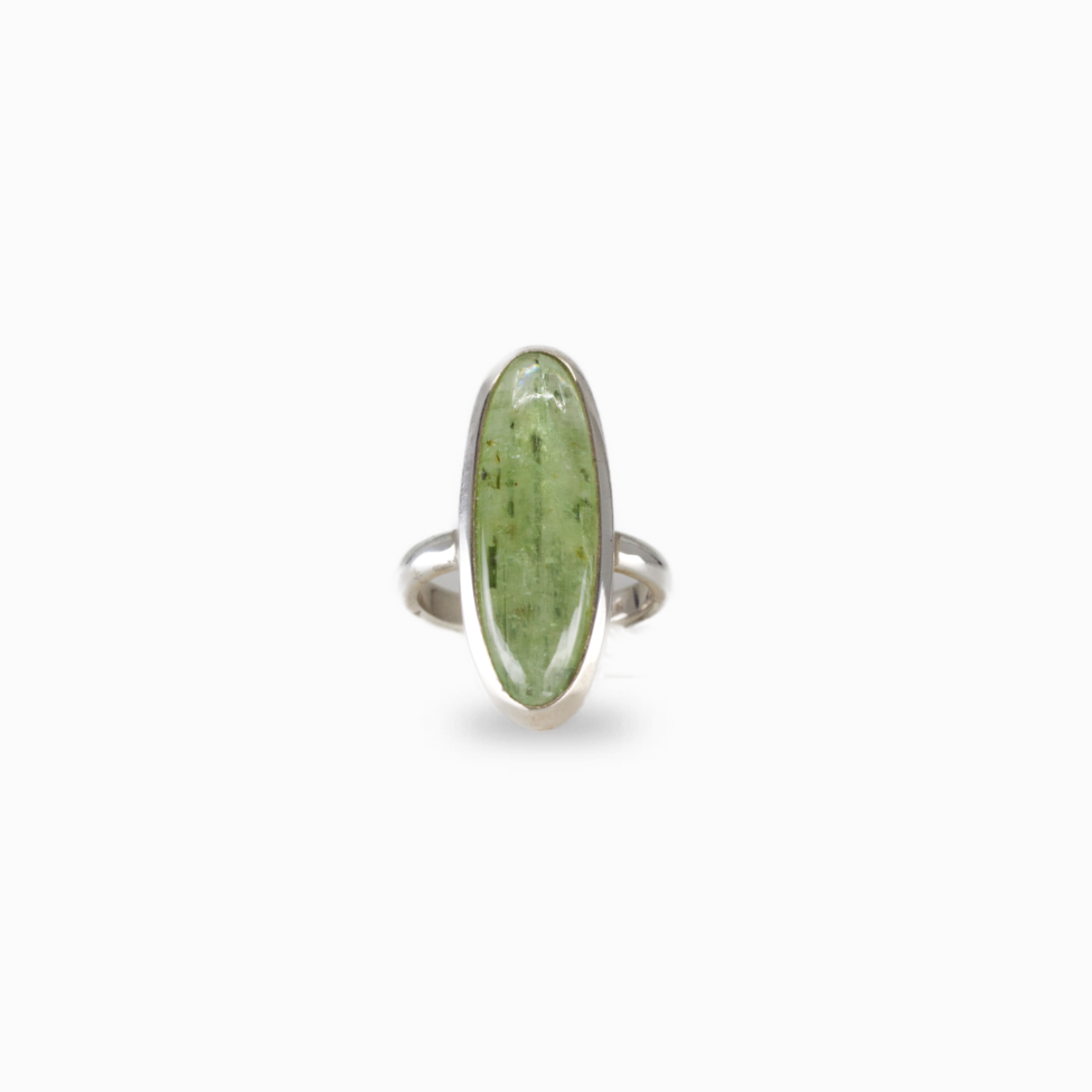 Green kyanite oval gemstone ring set in silver