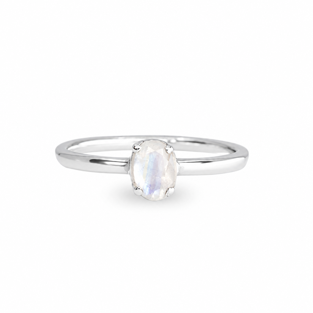 Rainbow moonstone ring with blue flash set in sterling silver band