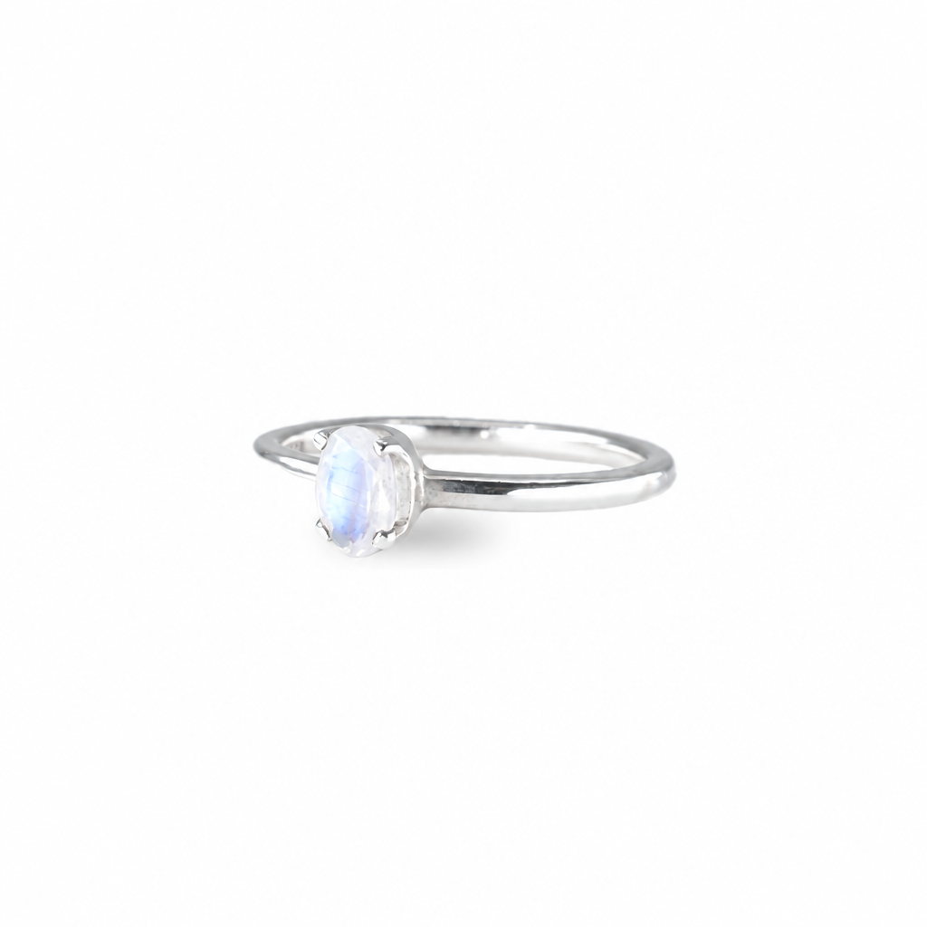 Rainbow moonstone ring with blue flash set in sterling silver band