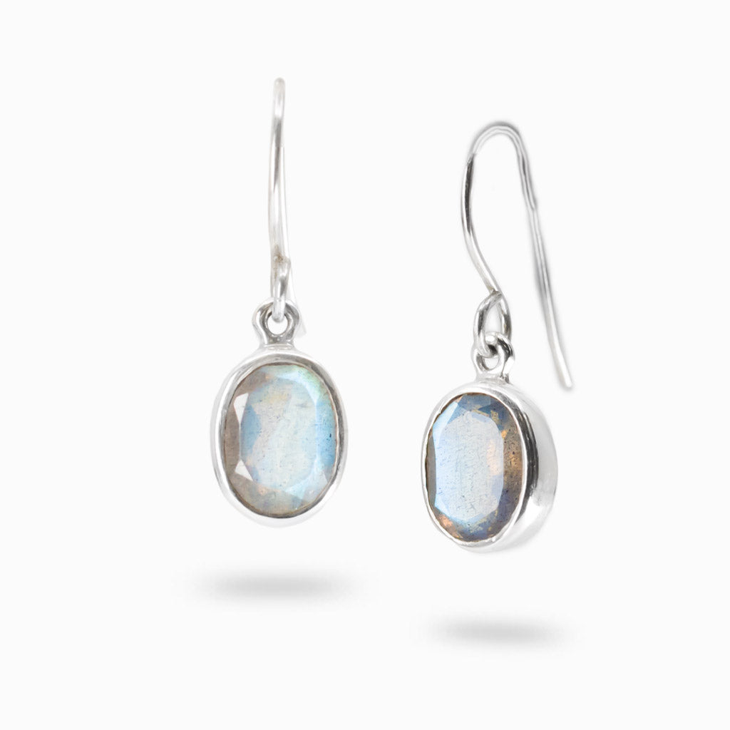 Faceted oval Labradorite sterling silver drop earrings with blue iridescence.