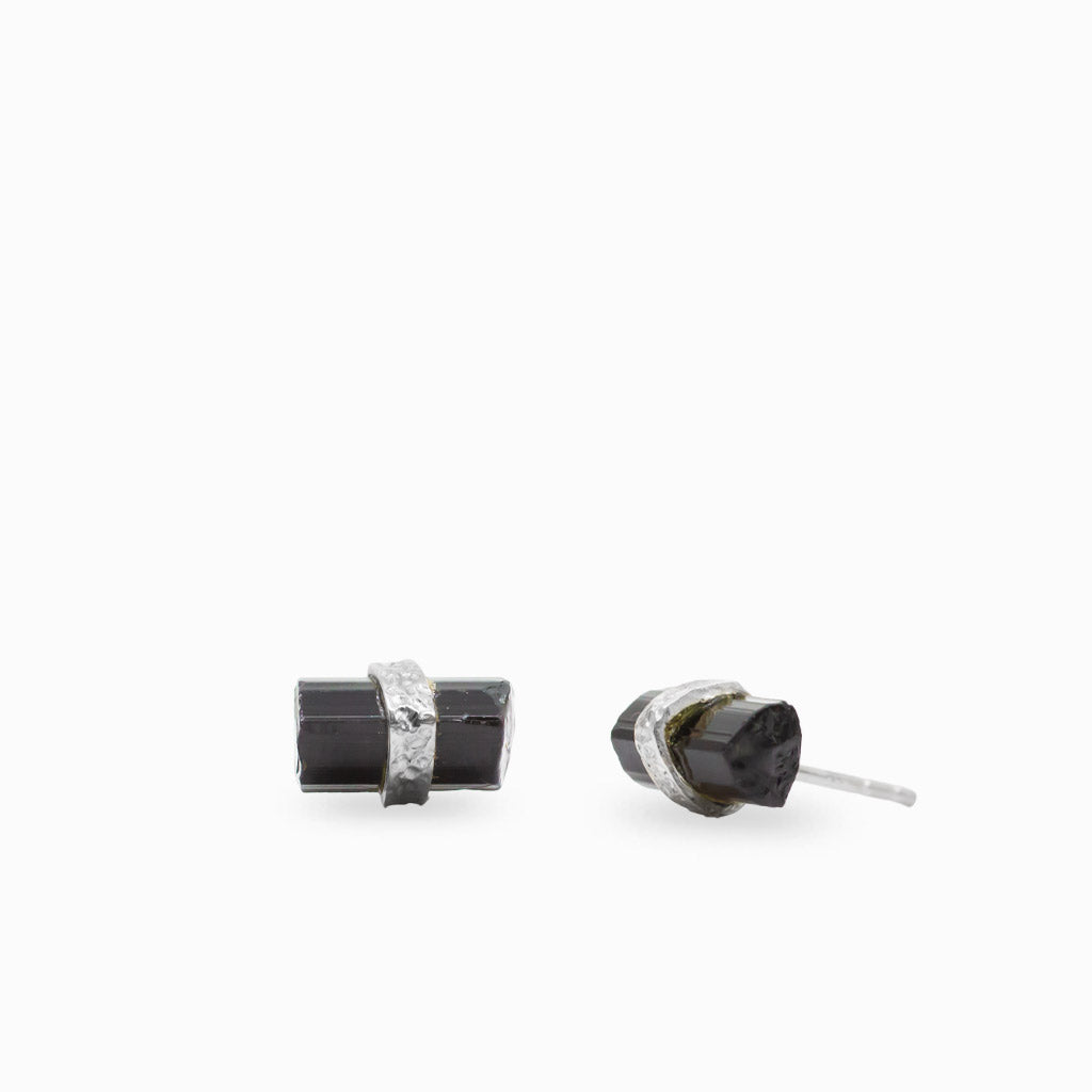 Raw Black Tourmaline crystal stud earrings wrapped with textured polished 925 sterling silver bands.