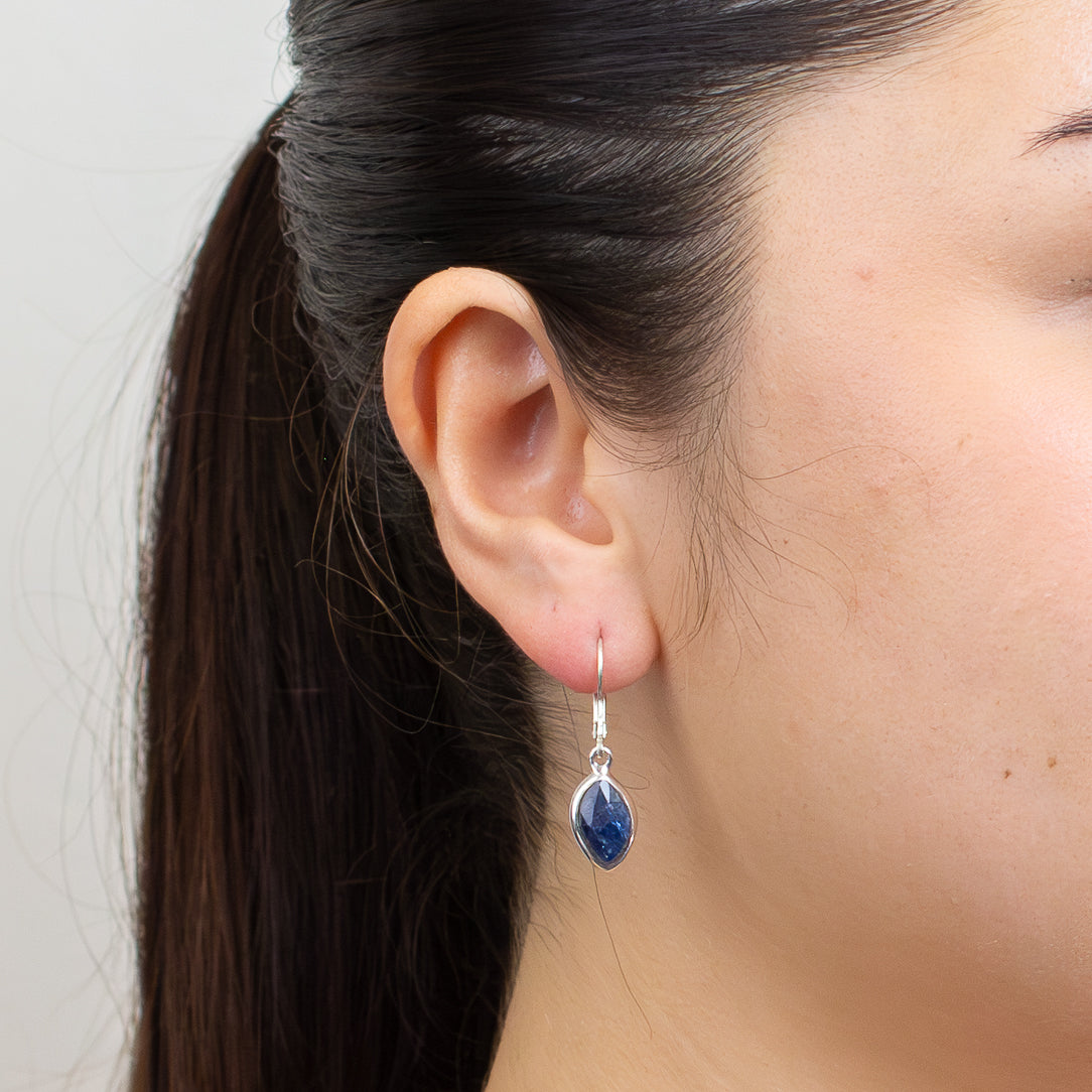 Faceted Kyanite drop earrings in sterling silver with layered blue gemstone and French clasp hooks. | MADE IN EARTH