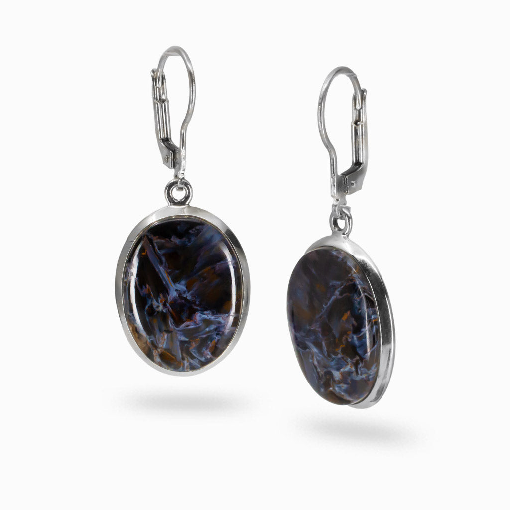 Oval pietersite cabochon earrings with swirling navy, charcoal, and bronze tones set in sterling silver. | MADE IN EARTH
