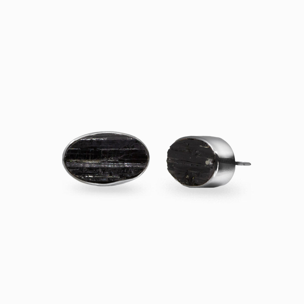 RAW BLACK TOURMALINE OVAL STUD EARRINGS | MADE IN EARTH