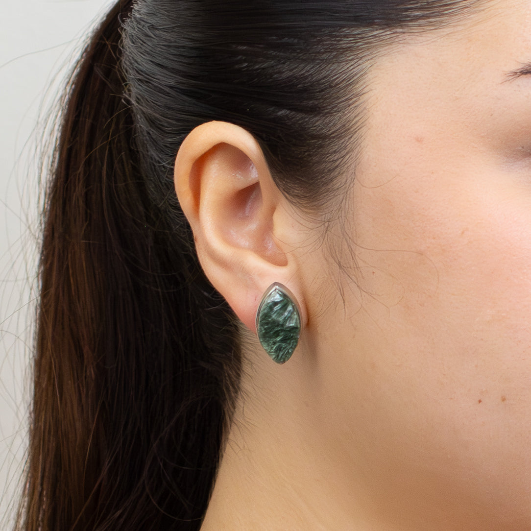 MARQUISE SHAPED SERAPHINITE CABOCHON BEZEL STUD EARRINGS | MADE IN EARTH