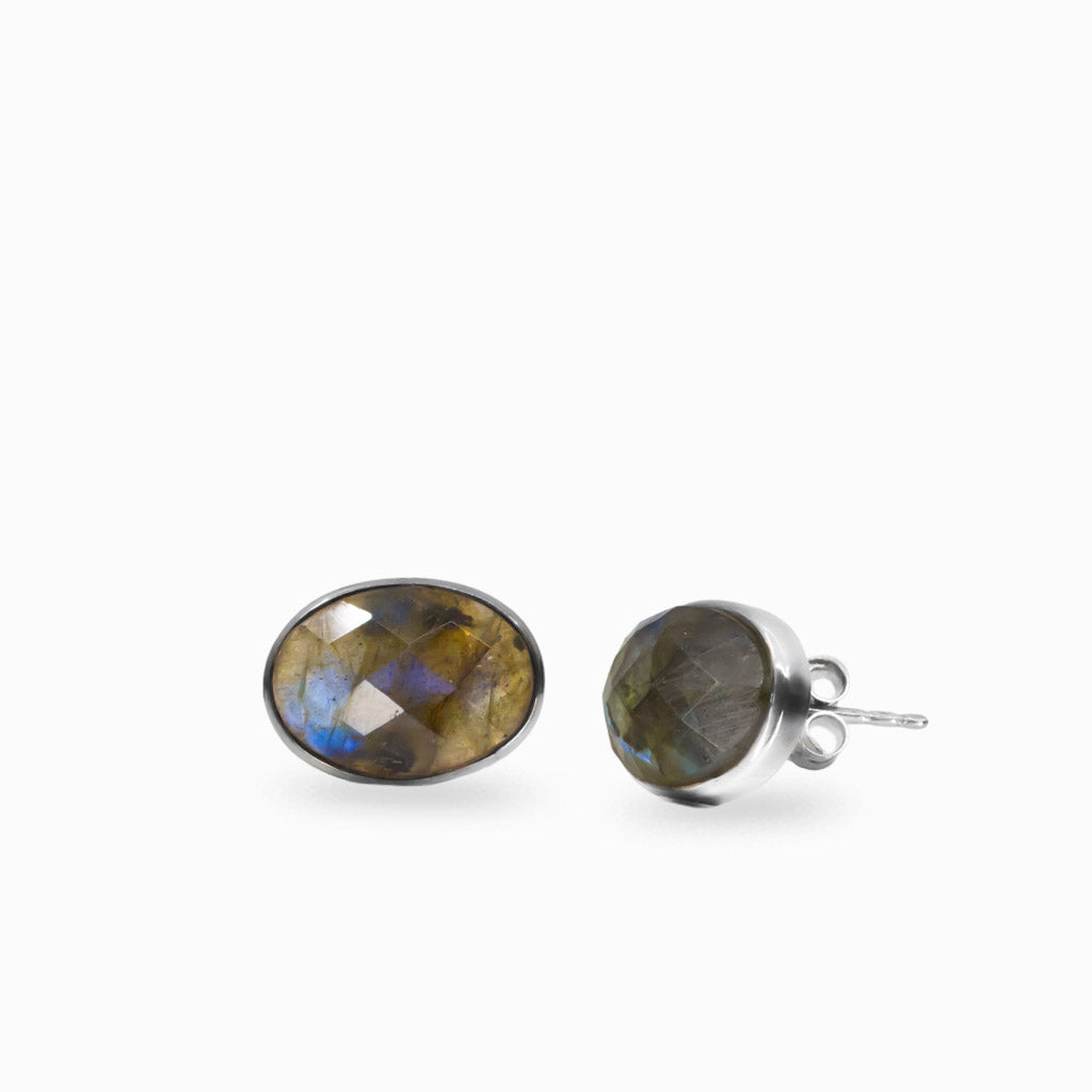 faceted labradorite oval stud earrings sterling silver | made in earth