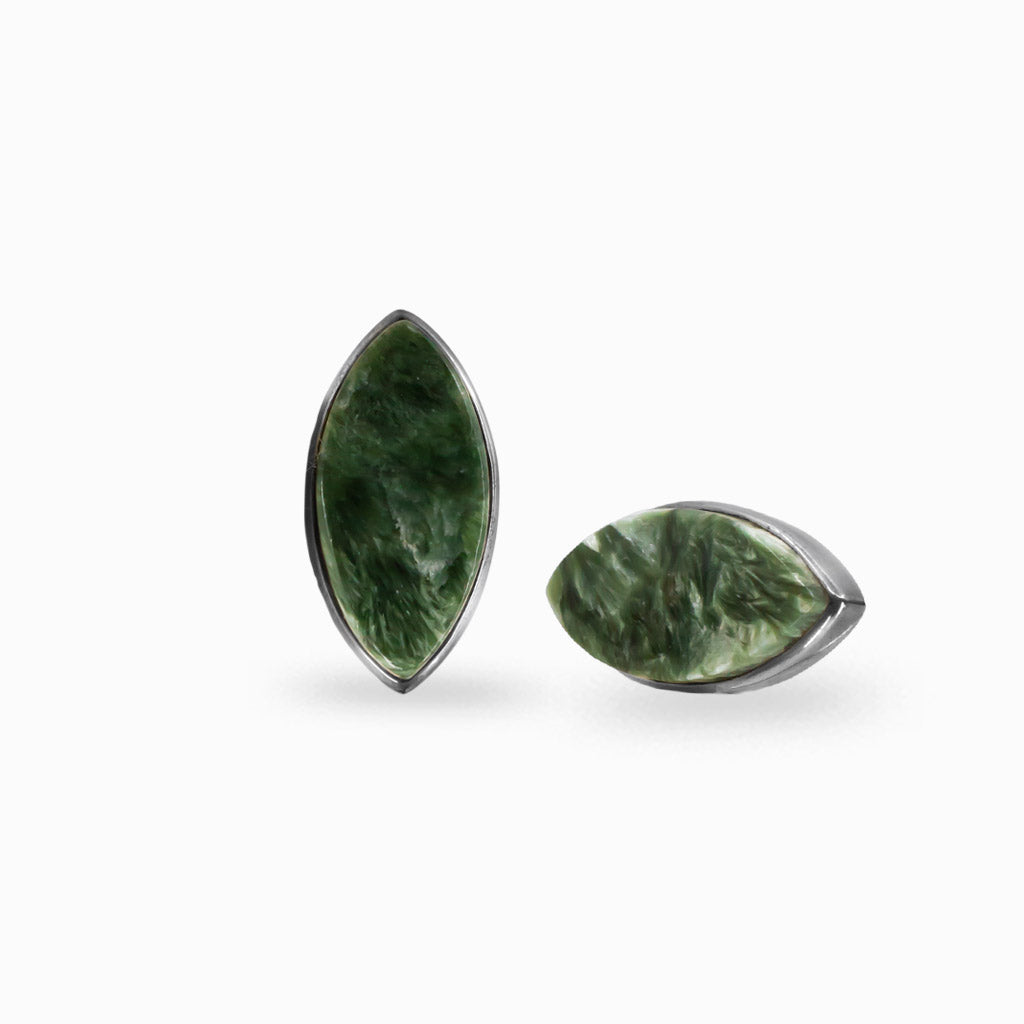 MARQUISE SHAPED SERAPHINITE CABOCHON BEZEL STUD EARRINGS | MADE IN EARTH