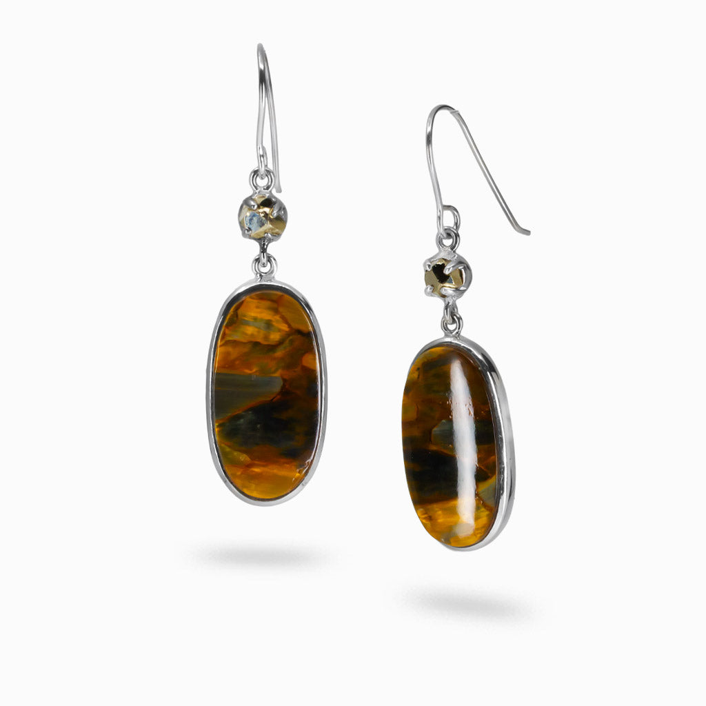 Oval Pietersite and Pyrite cabochon earrings set in sterling silver, featuring stormy blue, gold, and charcoal gemstone patterns
