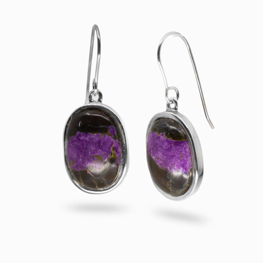 Oval Serpentine Stichtite cabochon earrings with purple and green natural stone set in sterling silver drop hooks