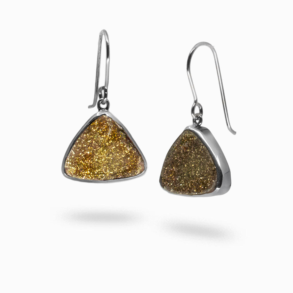 Triangle rainbow pyrite druzy earrings with metallic gold sparkle set in sterling silver hooks.