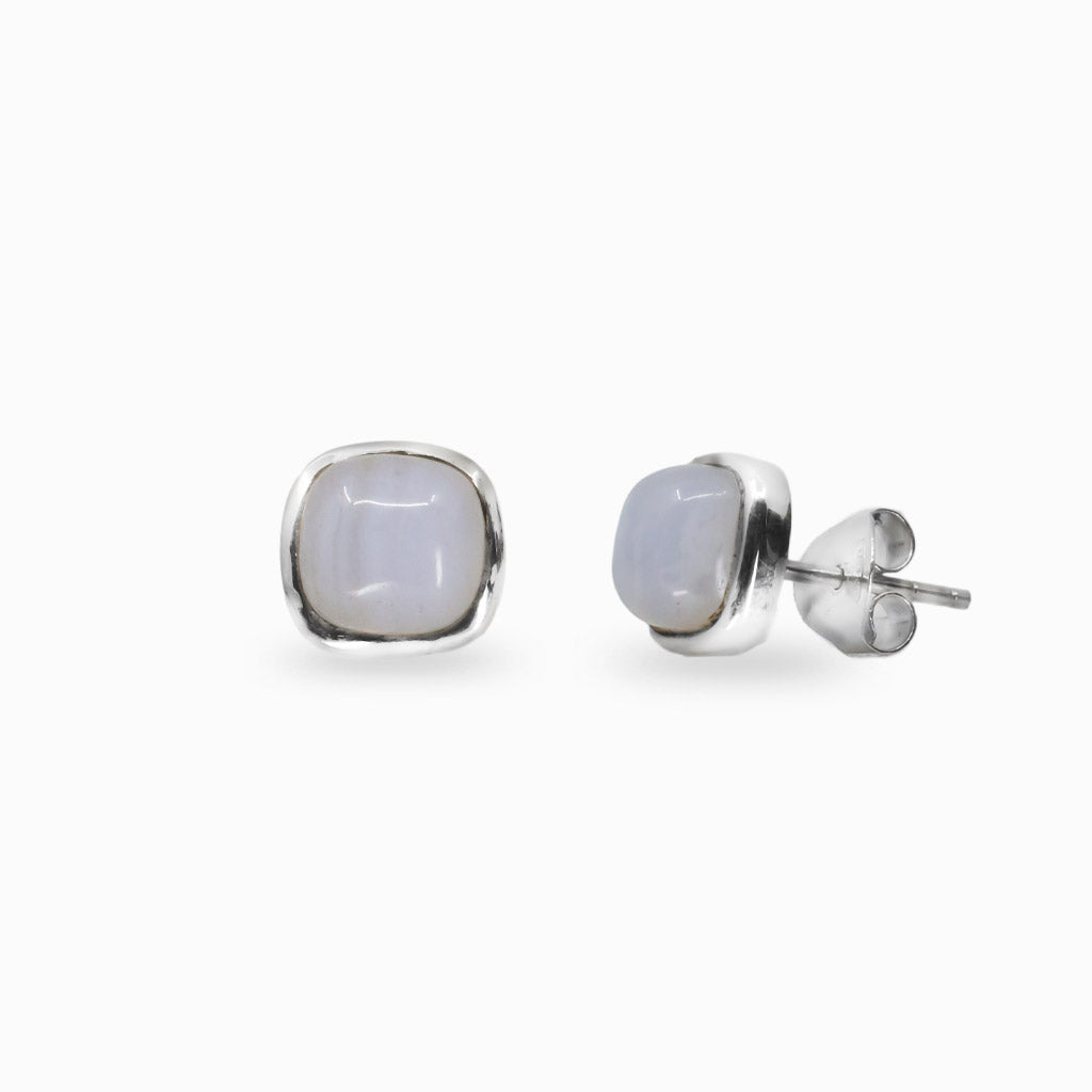 CABOCHON SQUARE BLUE LACE AGATE STUD STERLING SILVER EARRINGS