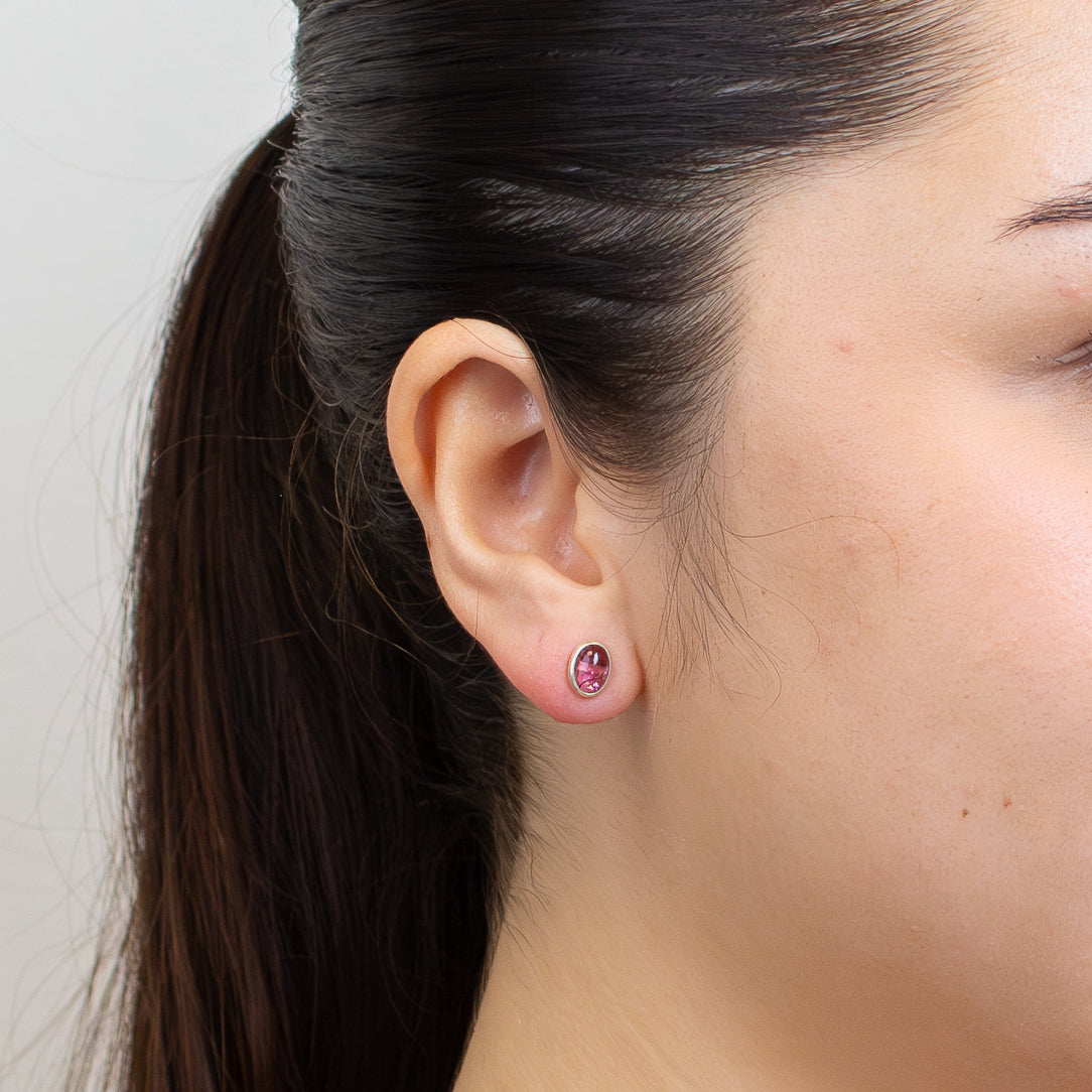 CABOCHON PINK TOURMALINE OVAL STUD EARRINGS