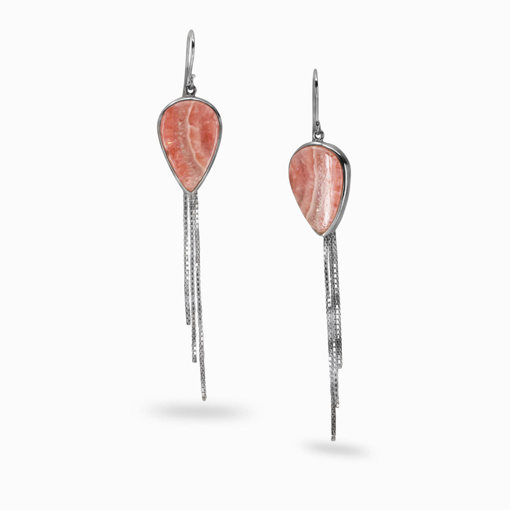 Rhodochrosite teardrop earrings in sterling silver with cascading chain-fringe and pink banded gemstone. | MADE IN EARTH