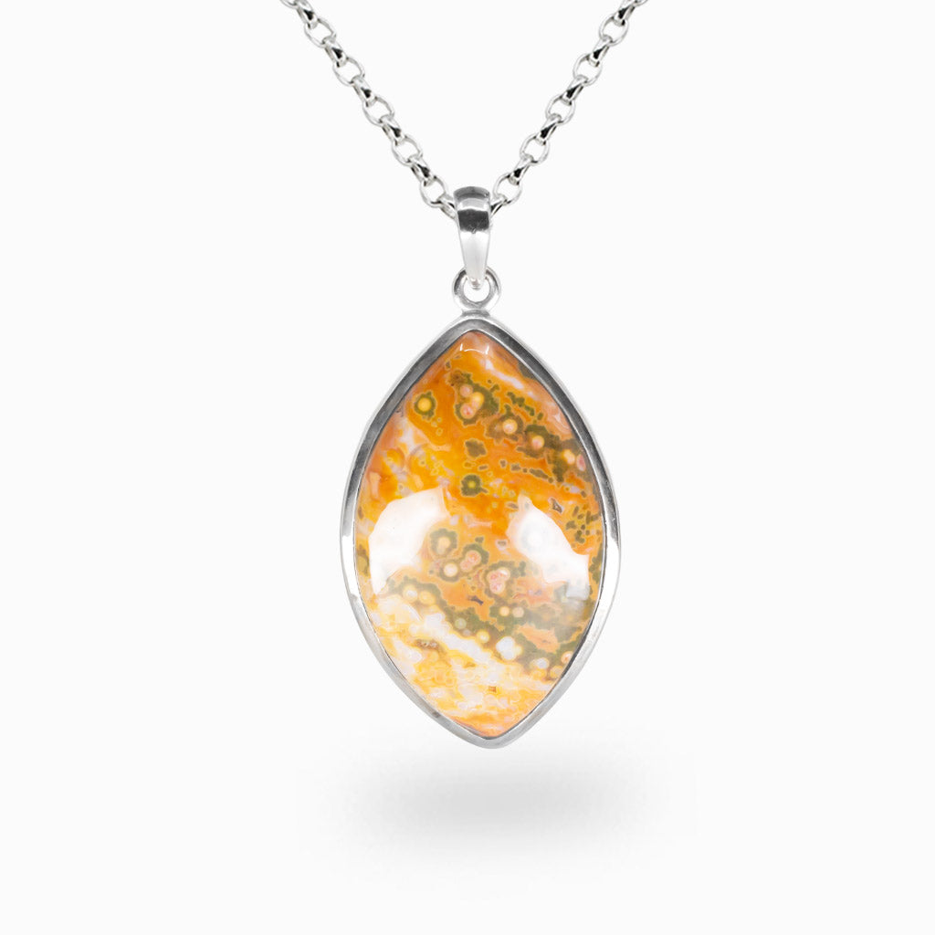 Ocean Spray Agate marquise necklace in sterling silver with yellow, cream, and green ocean-patterned gemstone. | MADE IN EARTH