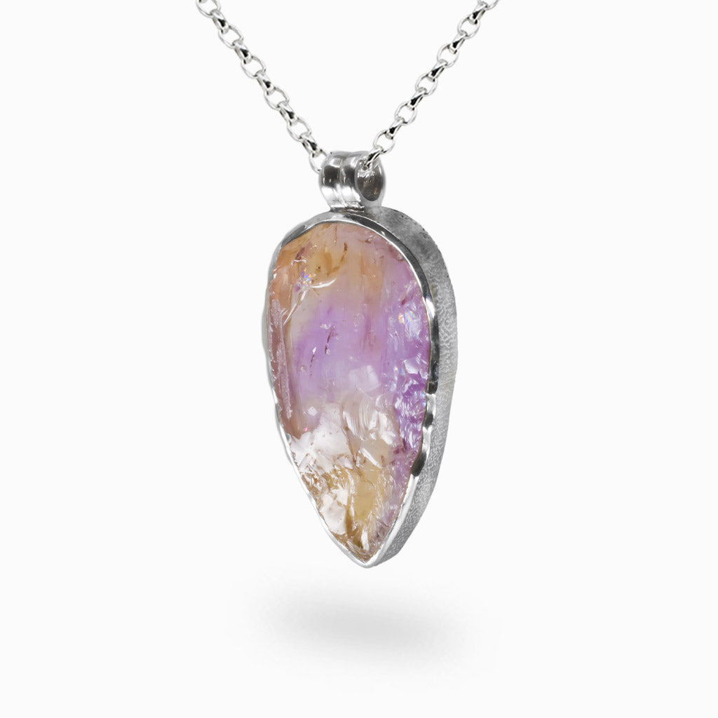 Raw teardrop ametrine pendant necklace set in sterling silver bezel.| MADE IN EARTH