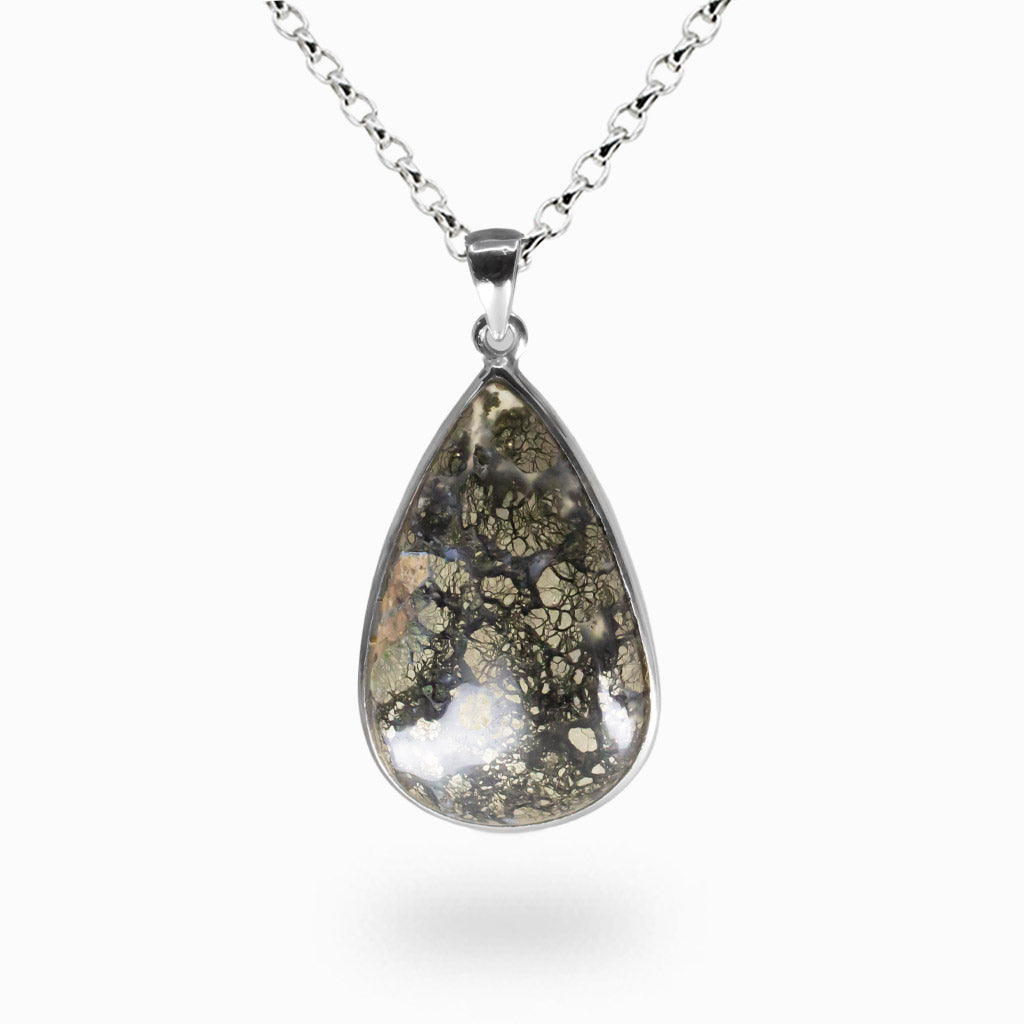Teardrop-shaped marcasite pendant with metallic gold flecks and dark matrix set in sterling silver bezel on a silver chain. | MADE IN EARTH
