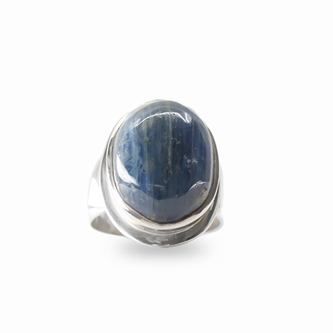 Oval blue Kyanite cabochon ring set in polished 925 sterling silver.