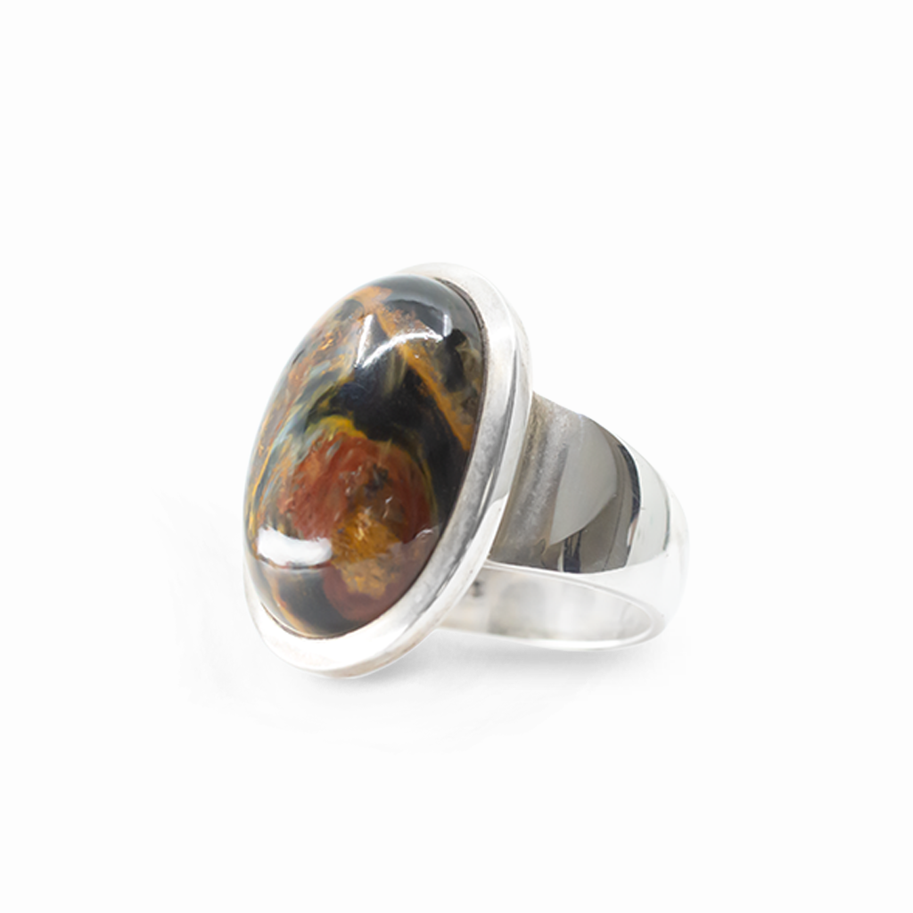Oval Pietersite cabochon ring with golden and brown patterning in polished 925 sterling silver.