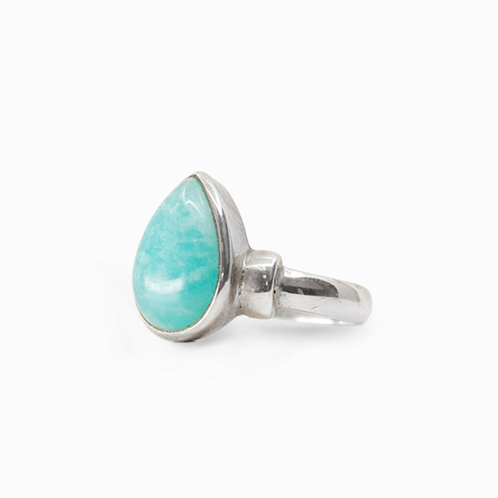 Pear-shaped turquoise-blue Amazonite cabochon ring set in polished 925 sterling silver.