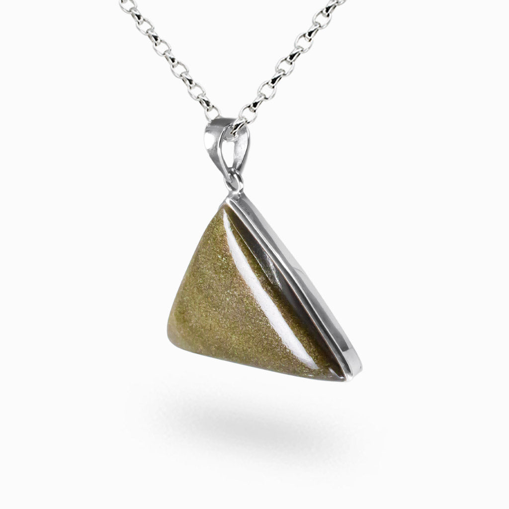 Gold sheen obsidian triangle necklace with natural volcanic glass shimmer, set in sterling silver. A grounding stone for clarity, balance, and protection.| MADE IN EARTH