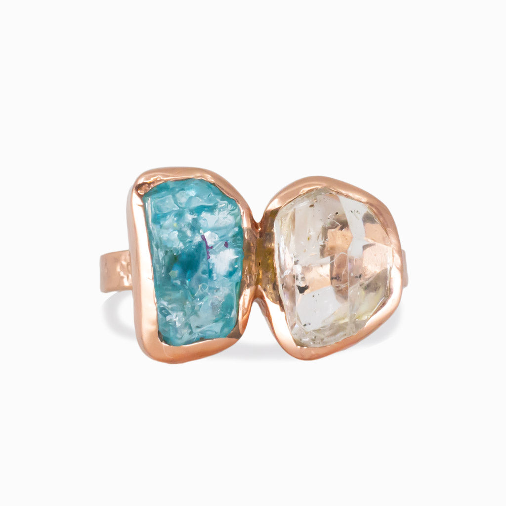 Raw Apatite and Herkimer Diamond ring in rose gold vermeil setting on white background | MADE IN EARTH