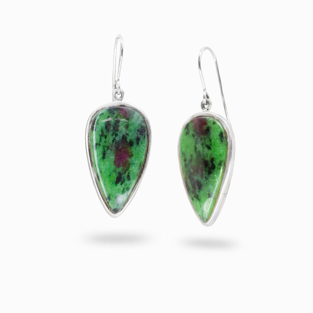 Sterling silver teardrop Ruby Zoisite drop earrings.