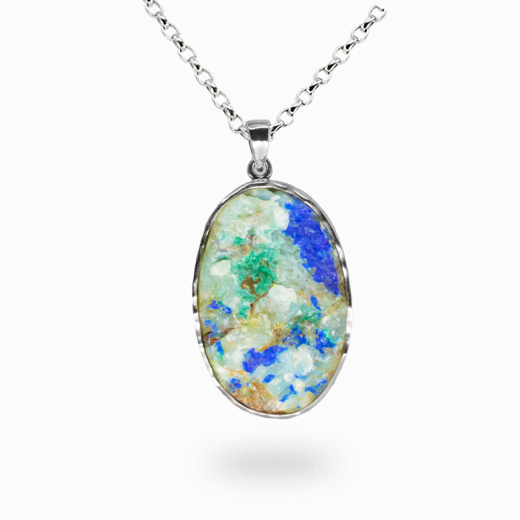 Azurite malachite in quartz oval necklace set in sterling silver with blue and green raw gemstone matrix