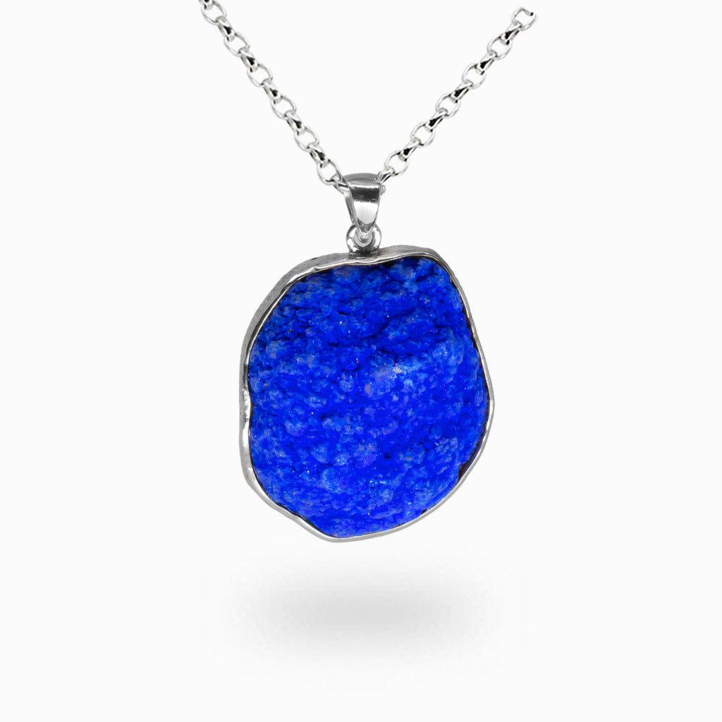 Raw azurite druzy necklace in sterling silver, cobalt blue crystal pendant, natural azurite gemstone jewelry, third eye intuition stone necklace