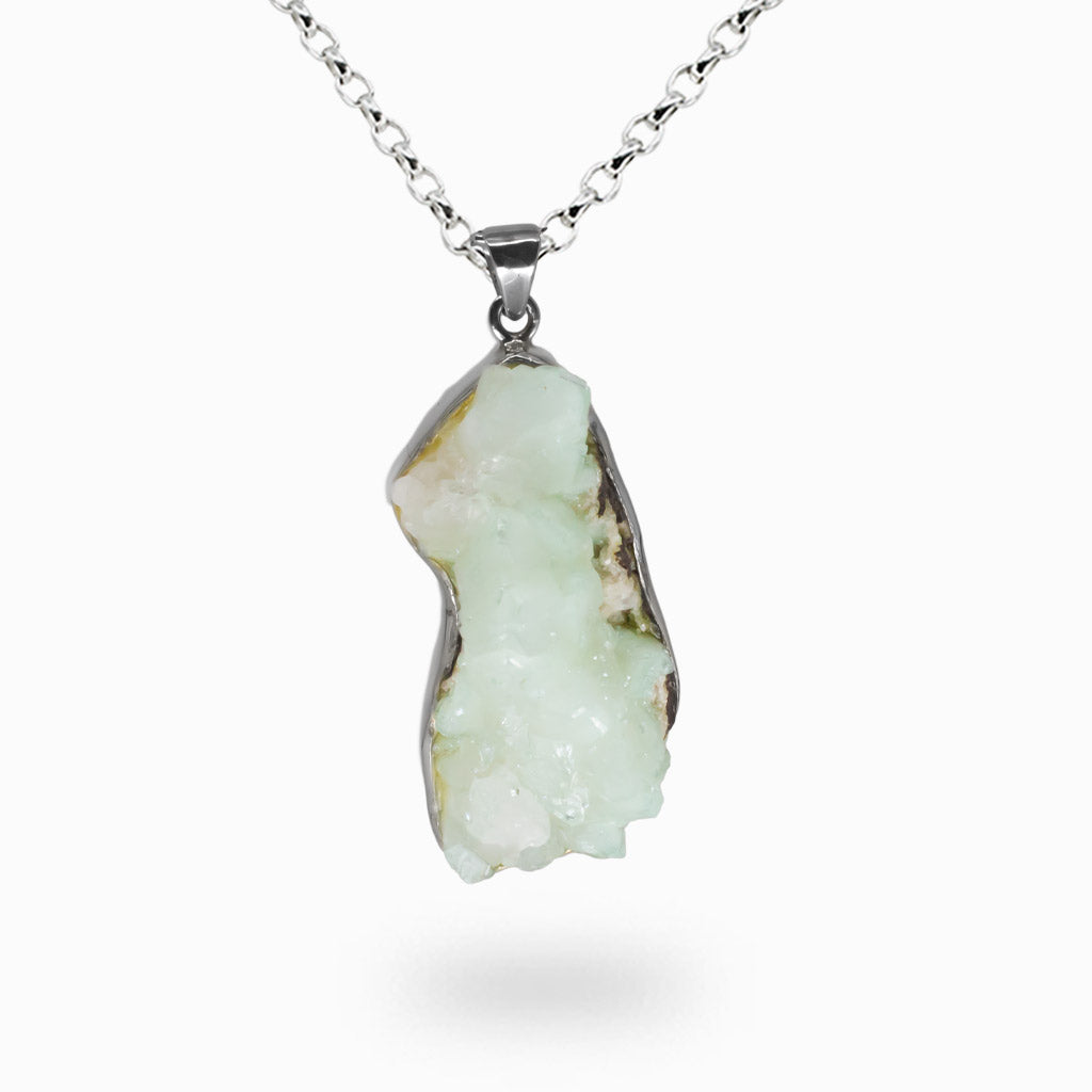 Raw green apophyllite druzy crystal necklace set in sterling silver with natural icy crystal formations