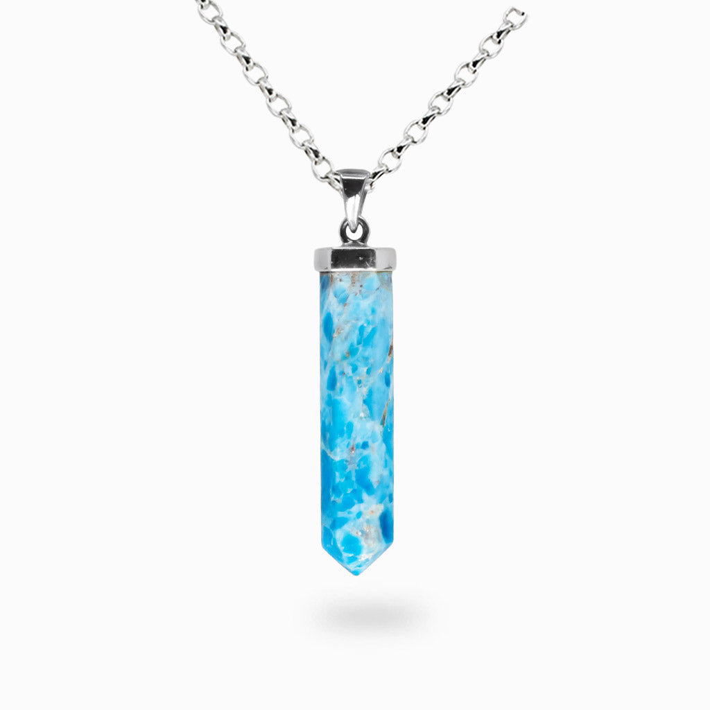 Pencil-shaped blue apatite necklace with natural crystal patterns set in sterling silver.