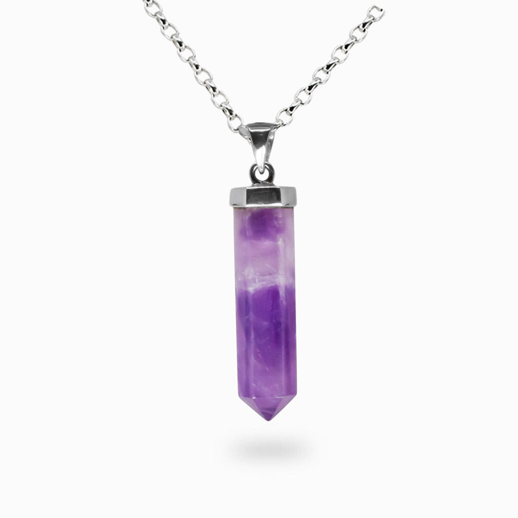 Pencil-shaped chevron amethyst necklace with purple and white banding set in sterling silver. | MADE IN EARTH