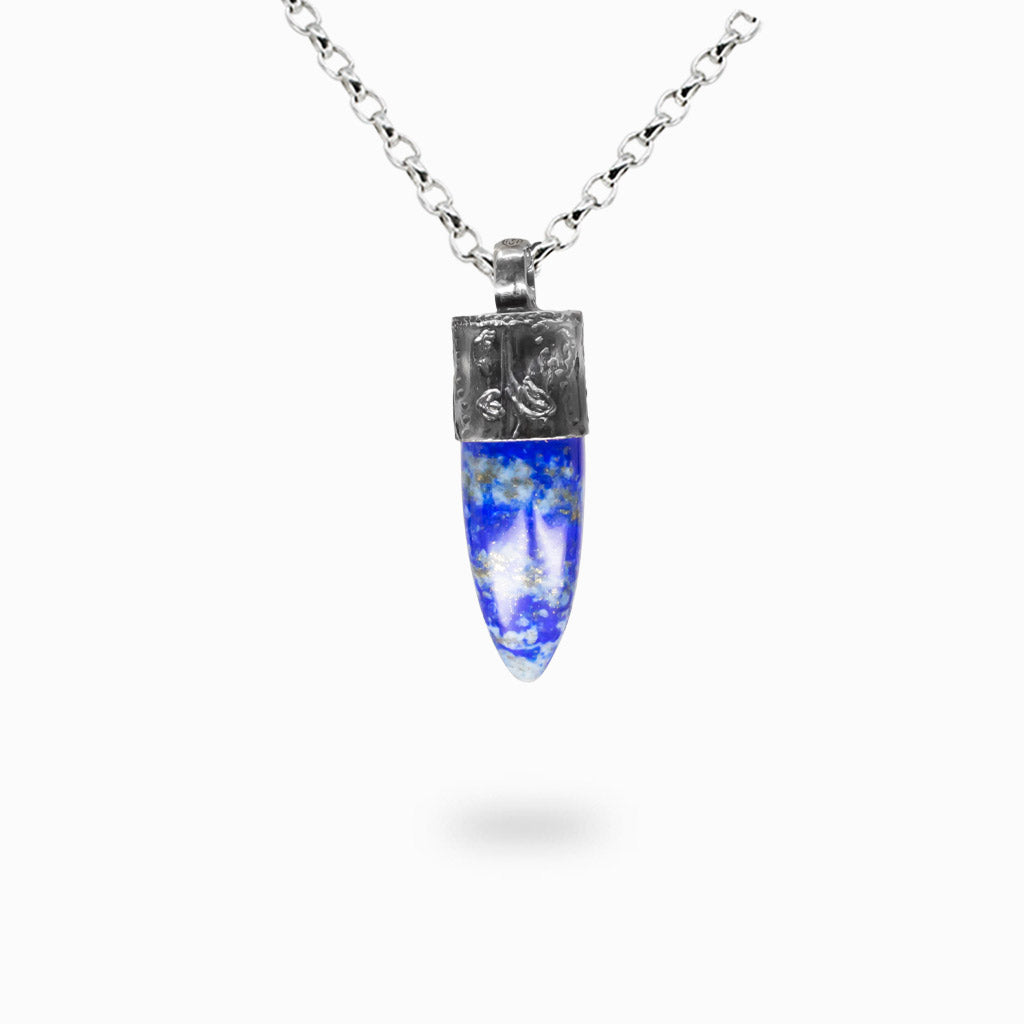 Pencil-shaped lapis lazuli necklace with deep blue stone and gold pyrite flecks in sterling silver.