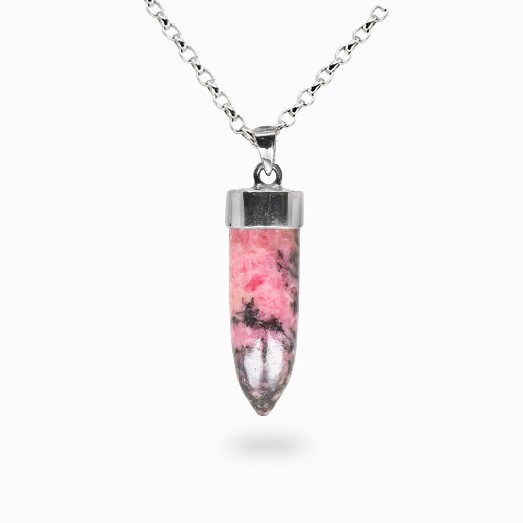 Faceted pencil-shaped rhodonite necklace with pink stone and black dendritic patterns set in sterling silver.