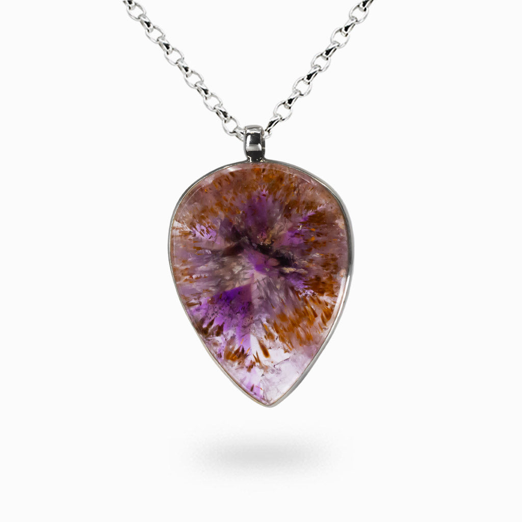 Cacoxenite teardrop necklace with golden inclusions set in sterling silver, stone of ascension crystal pendant. | MADE IN EARTH