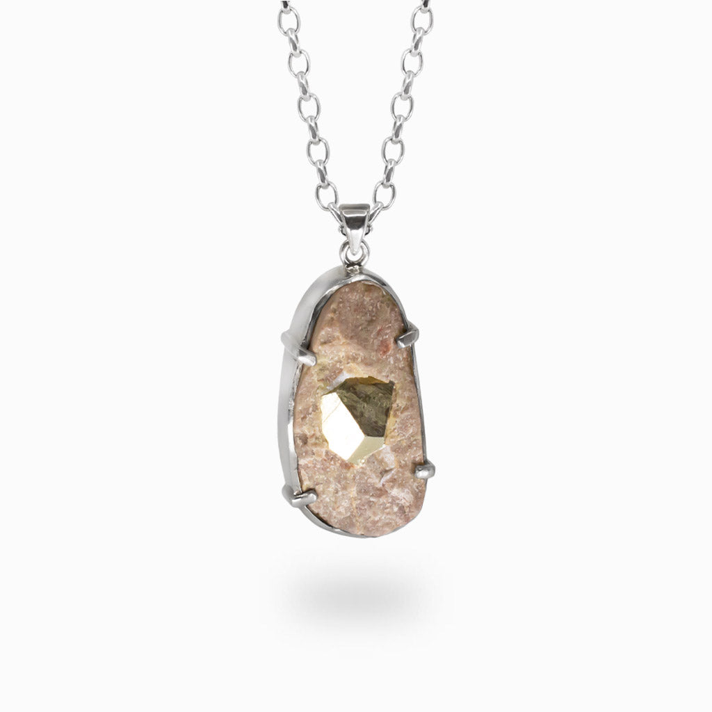 Raw Pyrite in Matrix pendant necklace with natural golden cube crystal set in sterling silver bezel claw setting. | MADE IN EARTH