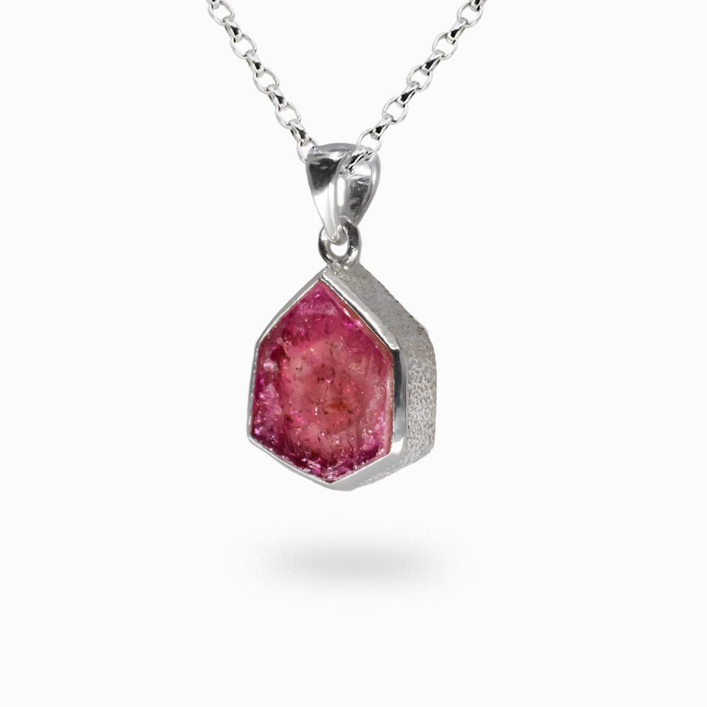 Pink Tourmaline slice triangle gemstone necklace set in sterling silver bezel. MADE IN EARTH